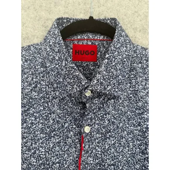 NWT Hugo Boss Kenno Dark Blue Cotton Floral Slim Fit Dress Shirt Size US 15 - Picture 2 of 12